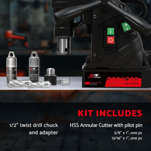 Front view of S&F Stead & Fast magnetic drill press kit with annular cutters and chucks on a workbench
