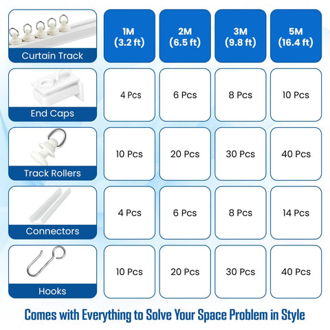 Self Adhesive Curtain Track For No Drill Ceiling Mount 3 M Long Window Drapery Rail kit with rollers, hooks, connectors, and end caps