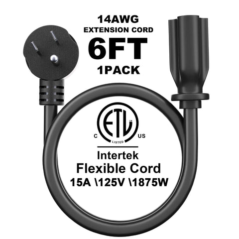 6 Foot 14 Gauge 3 Conductor Black Flat Plug Extension Cord Low Profile Design For Tight Spaces Behind Furniture Desks Or Bookshelves Indoor Use ETL Listed Safe Indoor Outdoor Ready Power Cable, 1 pack