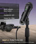 Close-up of Dual USB And XLR Dynamic Desk Mic For Podcasts With Mute Button on adjustable stand with headphone jack.