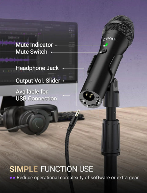 Close-up of Dual USB And XLR Dynamic Desk Mic For Podcasts With Mute Button on adjustable stand with headphone jack.