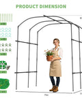 Ultra Tall Garden Arch Trellis For Climbing Plants 87 Inch Metal Plant Support Archway Perfect For Vines Grapes Cucumbers Flowers And Veggies Outdoor Yard Lawn Garden Tunnel Archway with woman holding plant, showing dimensions.