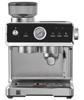Espresso Machine With Auto Tamper Auto Cleaning Milk Frother And Built In Grinder For At Home Barista Grade Cappuccinos Lattes And Macchiatos With Nine Bar Pressure Extraction And Cafe Quality Crema In Sleek Stainless Steel, front view