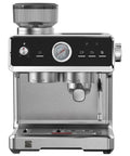 Automatic Espresso Machine With Built In Grinder And Auto Tamper For Barista Grade Morning Sips Features Nine Bar Pressure and sleek steel finish.
