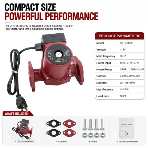 Slick Three Speed Hot Water Recirculating Pump 1 12 HP with 115V motor, compact red design for easy plumbing and solar setups.
