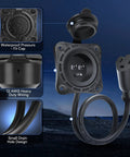 Close-up of Go-To 15 Amp RV Shore Power Inlet Socket with 18 Inch Integrated Extension Cord, NEMA 5-15 plug, waterproof design.