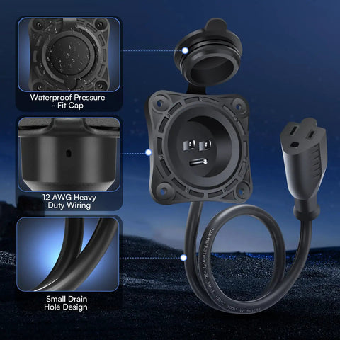Close-up of Go-To 15 Amp RV Shore Power Inlet Socket with 18 Inch Integrated Extension Cord, NEMA 5-15 plug, waterproof design.