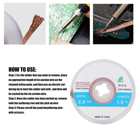 5 Piece Copper Solder Wick Set For Clean Desoldering On PCBs High Efficiency No Clean Solder Removal Wire demonstration instructions