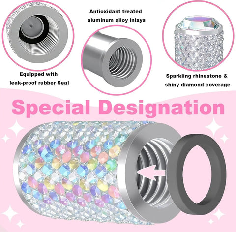 Universal Car Tire Valve Stem Caps Bling Air Cap With Crystal Diamonds, anodized aluminum, O-ring seal, rhinestone design.