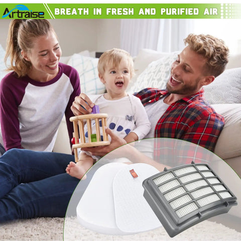 Family playing with toy, with Gotta Have Replacement Filter Set For Navigator Lift Away Deluxe Upright Vacuum Models featured inset.
