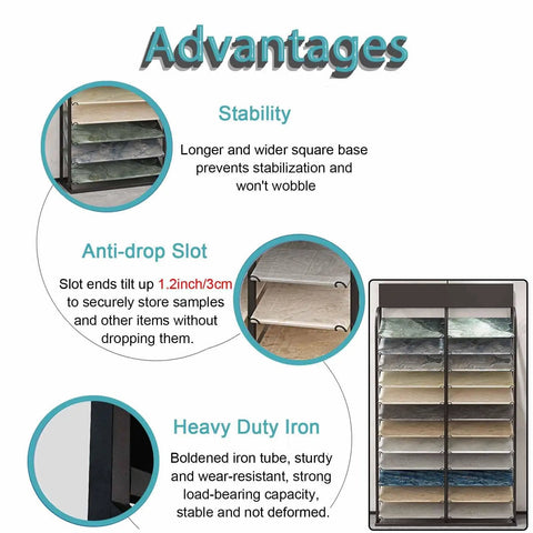 Heavy Duty Steel Tile Display Rack With 24 Card Slots For Large Format Floor Tile And Marble Slab Samples showcasing stability features.