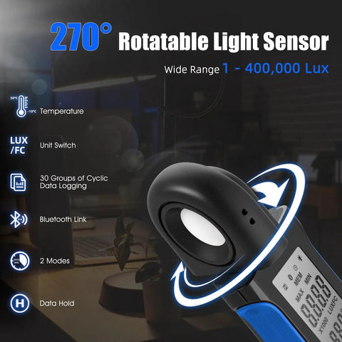 Bluetooth Light Meter With App For Indoor Plants Photography And Aquarium Lighting AIOMEST Digital Lumen Tester 0.1 To 400000 Lux FC Range 270 Degree Rotating Sensor Real Time Monitoring And Data Logging, 270° sensor