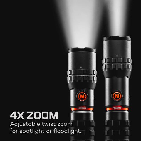 SLYDE KING 2K Rechargeable LED Flashlight With 4X Zoom Spotlight Or Floodlight showing adjustable twist zoom function.