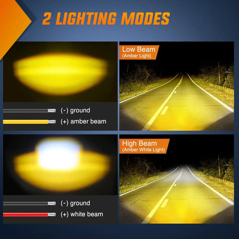 Diagram showing low and high beam settings for 2.7 Inch White Amber Spot Beam LED Pods For Offroad Motorcycles And ATVs IP67 Waterproof