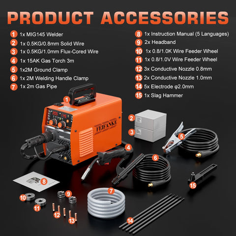 145A MIG Welder 110V 4 In 1 Multi Process Wire Feed Welder and accessories kit display on black surface