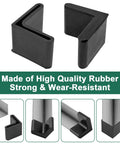 Rubber Angle Iron End Caps 20 Pack Black L Shaped Corner Protectors That Grip Tight To Keep Hardwood Floors Scratch Free With A Thickened Sturdy Build And Super Snug Drop In Fit showing two black rubber L-shaped caps.