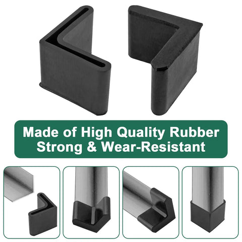 Rubber Angle Iron End Caps 20 Pack Black L Shaped Corner Protectors That Grip Tight To Keep Hardwood Floors Scratch Free With A Thickened Sturdy Build And Super Snug Drop In Fit showing two black rubber L-shaped caps.