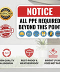 Heavy Duty PPE Safety Sign 14 By 10 Inches Aluminum Construction Site Sign For Workplace Safety Personal Protective Equipment Durable 60 Mil Thick Aluminum With High Visibility Colors For Quick Notice On Job Sites, showing essential PPE icons and quality features.