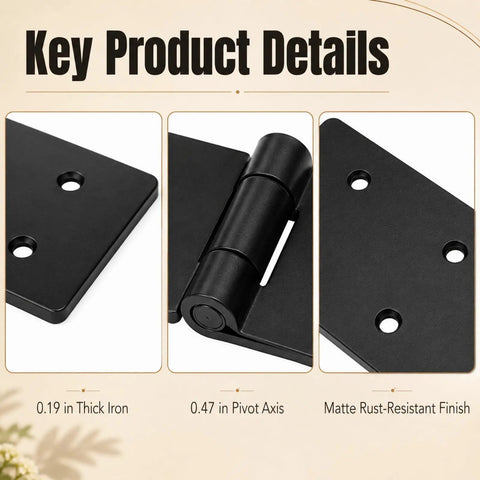 Product details of 4 Pc Built Like A Tank Heavy Duty Gate Hinges 0.19 Inch Thick Black Iron Butt Hinges with pivot axis.