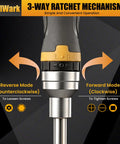 Professional 16 In 1 Ratcheting Multi Bit Screwdriver Set With Premium Hardened S2 Steel Bits and Nickel Coated Rust Proof Finish showing 3-way ratchet mechanism.