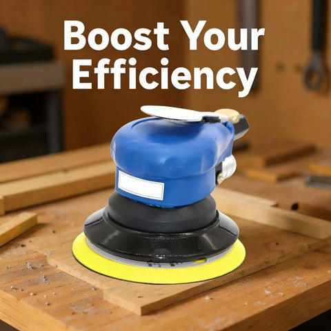 Auto Body Polisher And 5 Inch Palm Pneumatic Orbital Sander For Woodworking, Pro Grade Industrial Power Tool NT 301 on workbench
