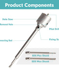 Front view of Amazon Tools 9-piece masonry hole saw kit with SDS Plus/Max shanks; shows hole saw, pilot drill bit