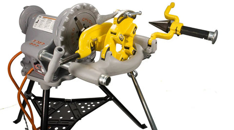 Reconditioned Model 300 Pipe Threader With Foot Pedal Control And Universal Quick Swap Die Heads Heavy Duty, showing detailed setup.