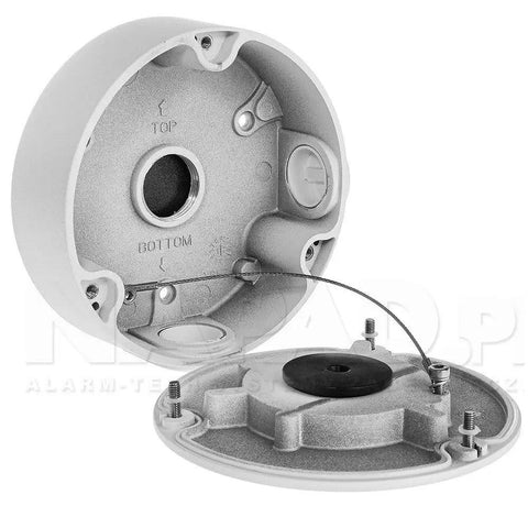 Weatherproof Junction Box PFA130-E for Dome and Bullet Cameras, Rugged Aluminum IP66 Rated Enclosure, open view showing interior structure.