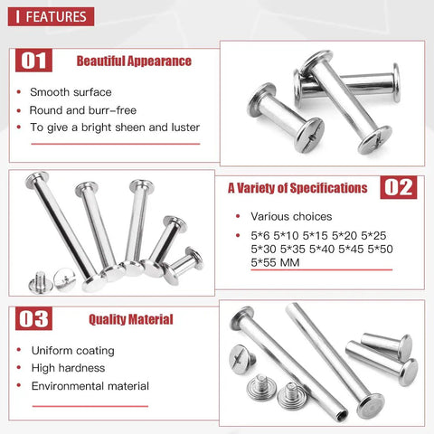 Heavy Duty 50 Pack M5 X 15mm Phillips Chicago Screw Posts Binding Screws Assortment Kit showing smooth surface and shiny finish.