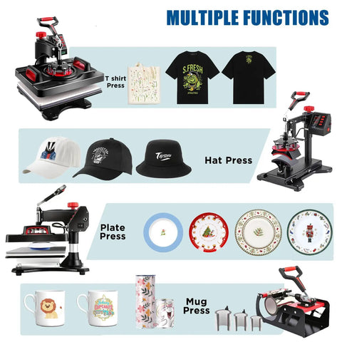 Akeydiy Pro 8 In 1 Heat Press Machine Sublimation System 12 By 15 Inch diverse applications for shirts, hats, mugs, and plates.