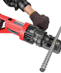 1100 Watt Cordless Rebar Cutter For 5/8 Inch Steel Bars Fast Hydraulic Cutting Up To 16Mm, shown cutting a steel bar.