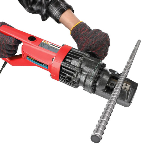 1100 Watt Cordless Rebar Cutter For 5/8 Inch Steel Bars Fast Hydraulic Cutting Up To 16Mm, shown cutting a steel bar.