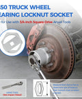 Heavy Duty 6-Point Truck Wheel Bearing Locknut Socket Set in use on truck wheel with 3/4 inch driver, showing socket and tool board.