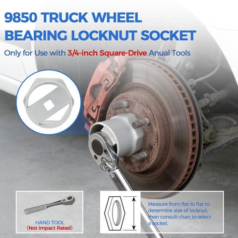 Heavy Duty 6-Point Truck Wheel Bearing Locknut Socket Set in use on truck wheel with 3/4 inch driver, showing socket and tool board.