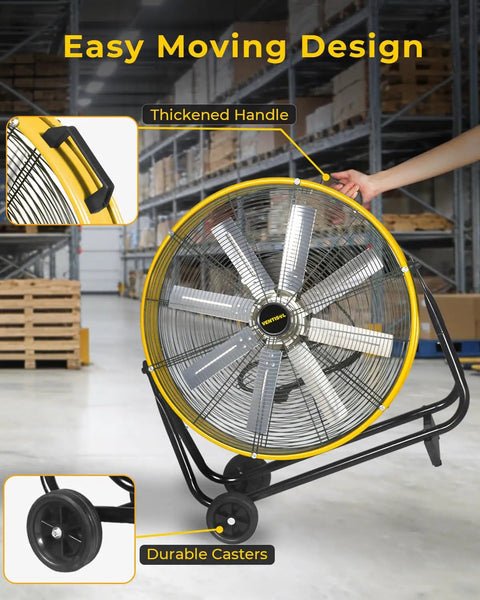 Beast 24 Inch High Velocity Industrial Drum Floor Fan shown with handle and casters in warehouse, 9500 CFM, 8 blades