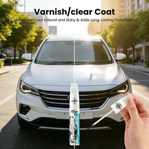 Two-Pack Car Touch Up Paint Pen With Clear Coat Pen Kit For White Cars shown with white SUV in urban setting