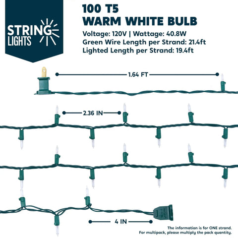 Diagram showing 100 count T5 mini fairy lights, 19.4 ft, green wire. Lit Clear Christmas String Lights Indoor Outdoor UL588 Certified.
