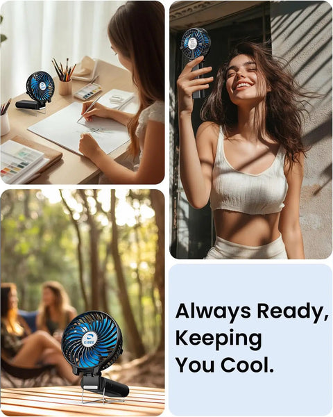 Detachable Handle Dope Portable Fan With 5200mAh Power Bank Rechargeable Personal Handheld Fan on table and in use outdoors