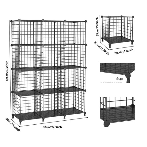 Heavy Duty 12 Cube Storage Organizer Metal Wire Shelf For Closet And Office, Stackable Space Saving Shoe Rack Book Holder, Slick Black Setup For Your Home 125cm tall with six total shelves.