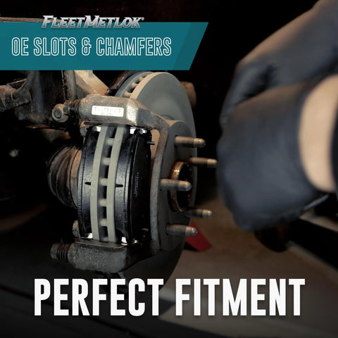 Bendix FleetMetlok MKD1680FM semi-metallic front brake pads; front rotor and caliper assembly on a vehicle.