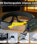 Game Changer Durable Rechargeable Headlamp Glasses With Smart Motion Sensor And Quick Tap Controls For Camping Hiking Fishing And Outdoor Adventures Two Pack Yellow Lenses showing charging options.