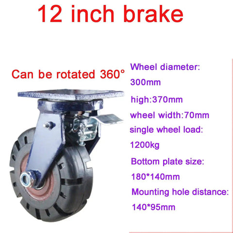 Flat Caster Rubber Swivel Wheel With Brake For Industrial Carts And Factory Use, 12 inch brake, 360° rotation, heavy-duty.