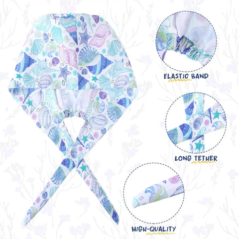 Sea-themed Six Pack Bouffant Scrub Caps with Buttons and Sweatband, elastic band and long tether visible.