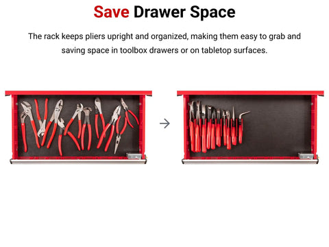 10 Tool Pliers Organizer Rack For Drawer Space Saving Holds 10 Pliers Upright Toolbox Ready Durable Made In USA Construction ORG41210 Pliers Organizer Stand Keeps Tools Grab And Go showcasing organized pliers in drawer