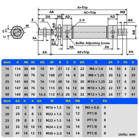 Diagram of 40mm Bore Pneumatic Cylinder 125mm Stroke Double Acting Aluminum Body With PT Quarter Inch Port Y Connector And 2 Pack 8mm Fittings MAL40x125 Adjustable Buffer Built To Last For Heavy Duty Air Tool Setup showing dimensions and parts list