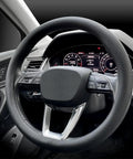 Top Shelf Nappa Leather Steering Wheel Cover For Cars Universal Fit, black leather cover on steering wheel with airbag controls.