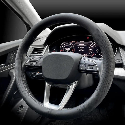 Top Shelf Nappa Leather Steering Wheel Cover For Cars Universal Fit, black leather cover on steering wheel with airbag controls.