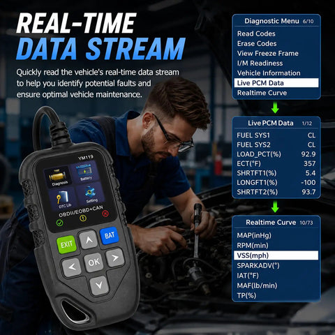 Plug And Play OBD2 Scanner Code Reader Diagnostic Tool For Chevrolet Bolt EV 2017 To 2023 with live data screen and controls.