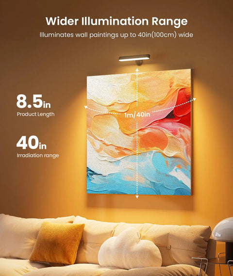 Wireless Rechargeable Wall Sconces Featuring 7500mAh Battery Power Adjustable RGB Color Changing And Warm Cool Ambient Lighting Modes illuminating an art piece above a couch.