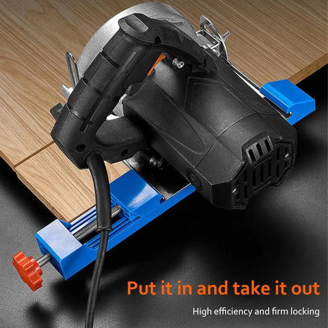 Adjustable Circular Saw Guide Rail For Precise Wood And Marble Cuts with blue base guide clamp, close-up on wood surface